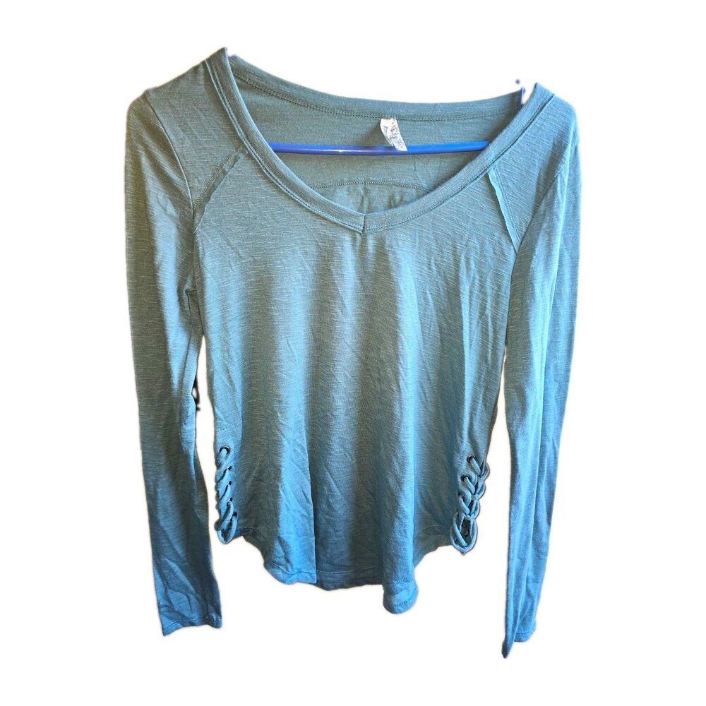 Mudd Womens XS Blue Solid Lace Accent Long Sleeve Scoop Neck Pullover Top